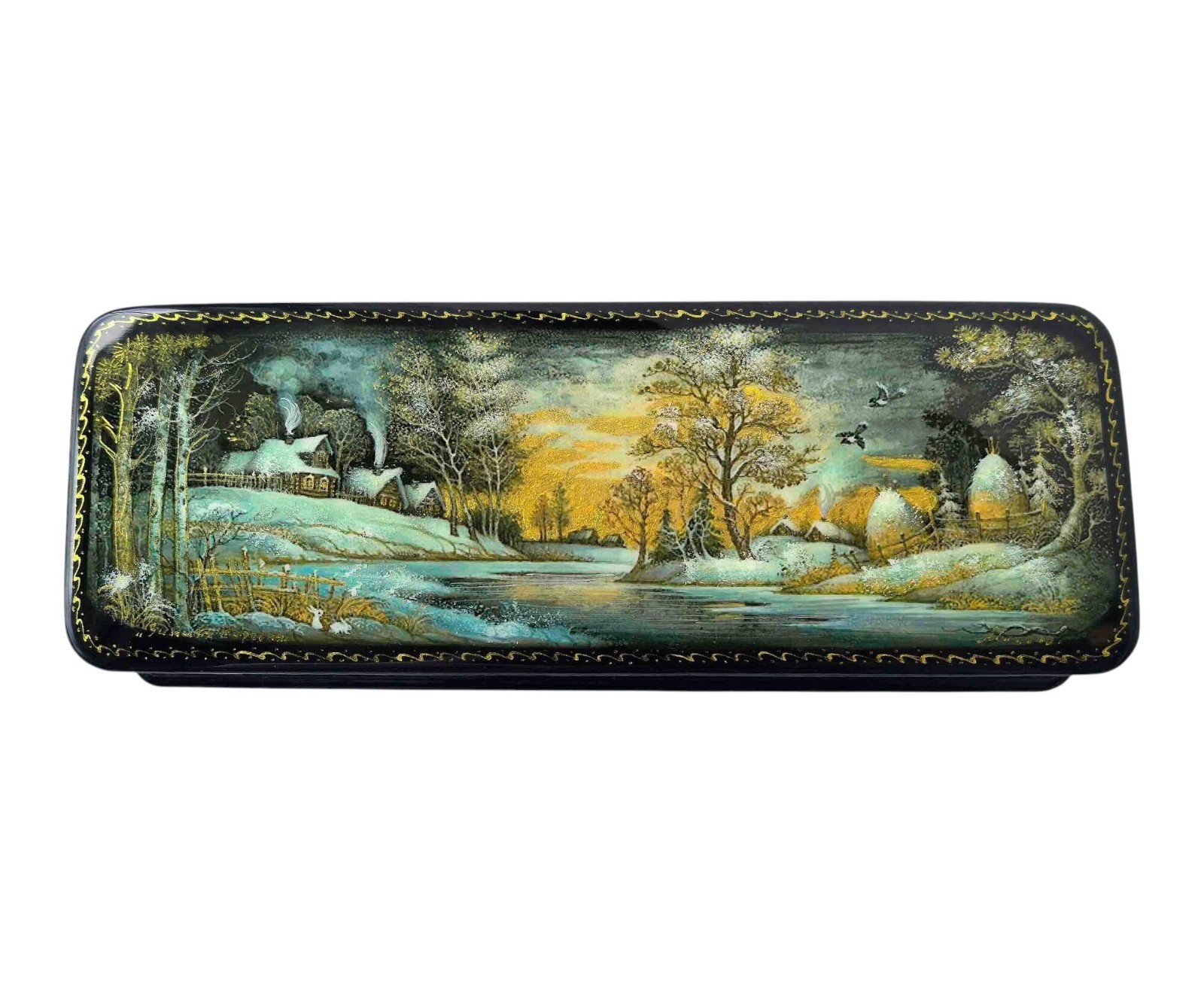 Russian Winter Village Lacquer Box Palekh Keepsake Jewelry Trinket Box 7"
