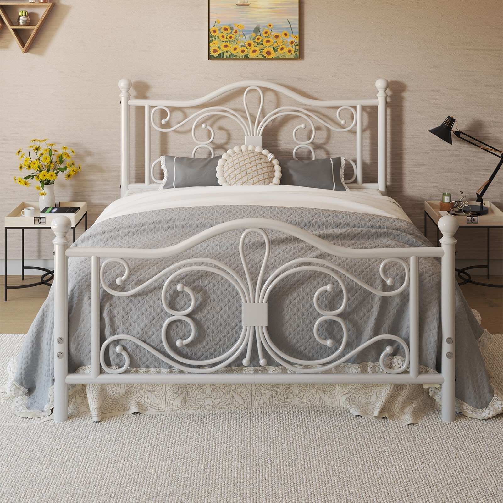 Queen Size Bed Frame with Butterfly Pattern Design Strong Metal Slats Support