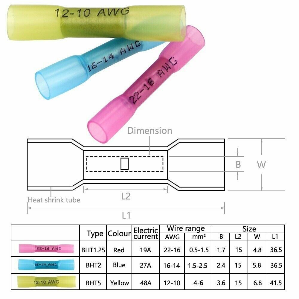 200PCS Waterproof Seal Crimp Terminals Heat Shrink Butt Wire Splice Connectors