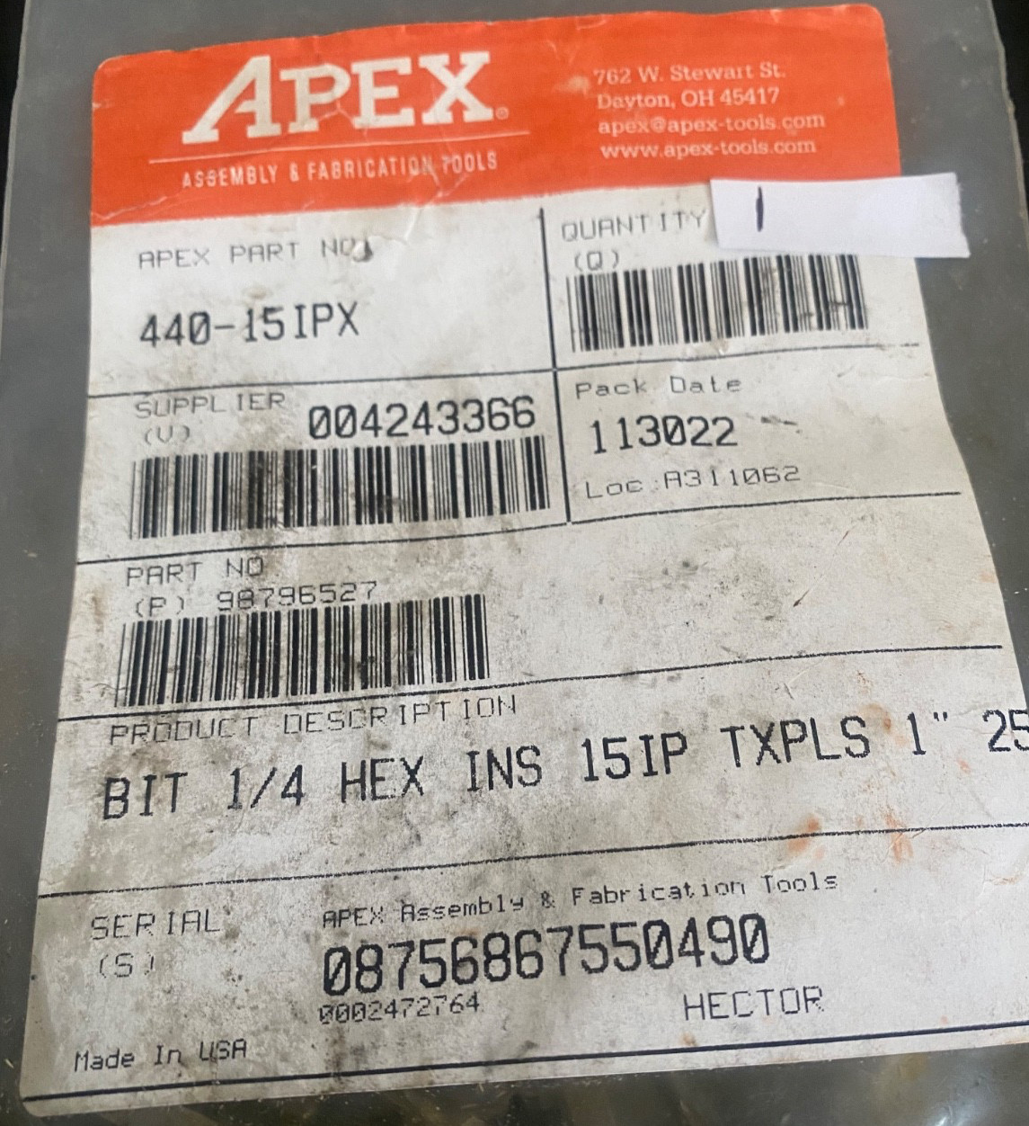 APEX 440 - 15 IPX 1/4" Drive Torx Plus Screwdriver Bit - Part No. 98796527 - NEW