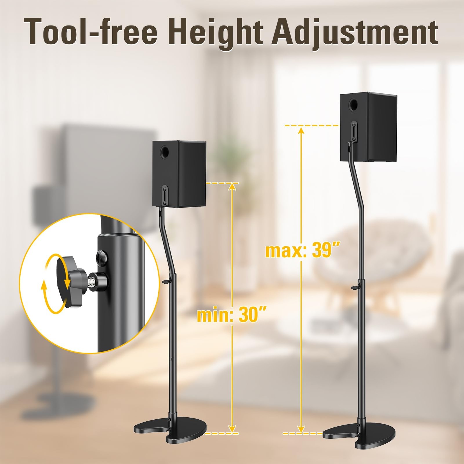 Speaker Stands Pair, Max 39" Height Adjustable, Heavy Duty Base, 11 lbs Capac...