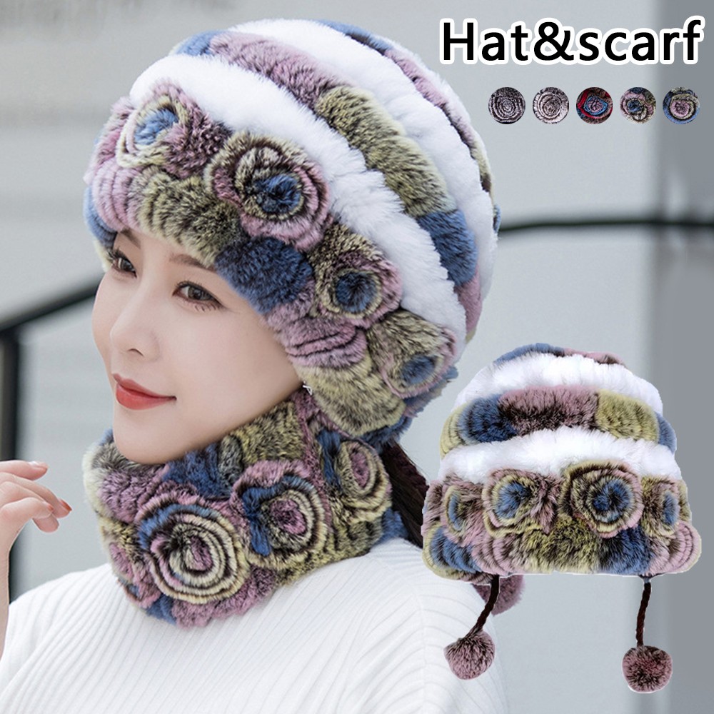 2 Pcs Rex Rabbit Fur Hat Scarf Sets Soft Real Fur Beanies Hats Scarves Muffler