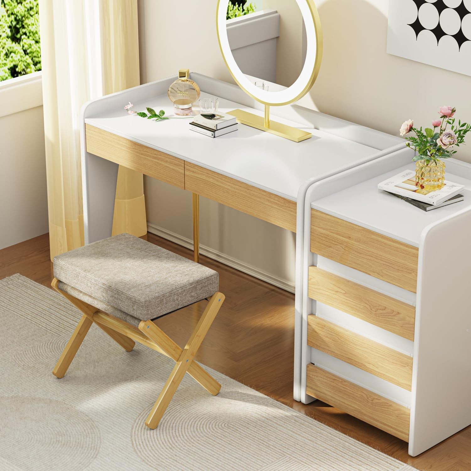 Foldable Foot Stool Ottoman, Modern Foot Rest with Bamboo X Legs & Thick Foam...