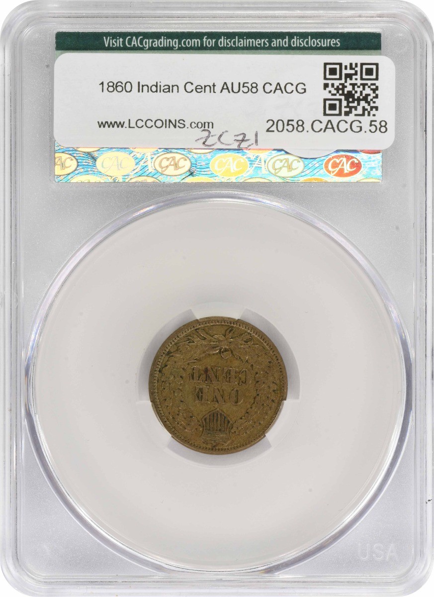 1860 Indian Cent AU58 CACG
