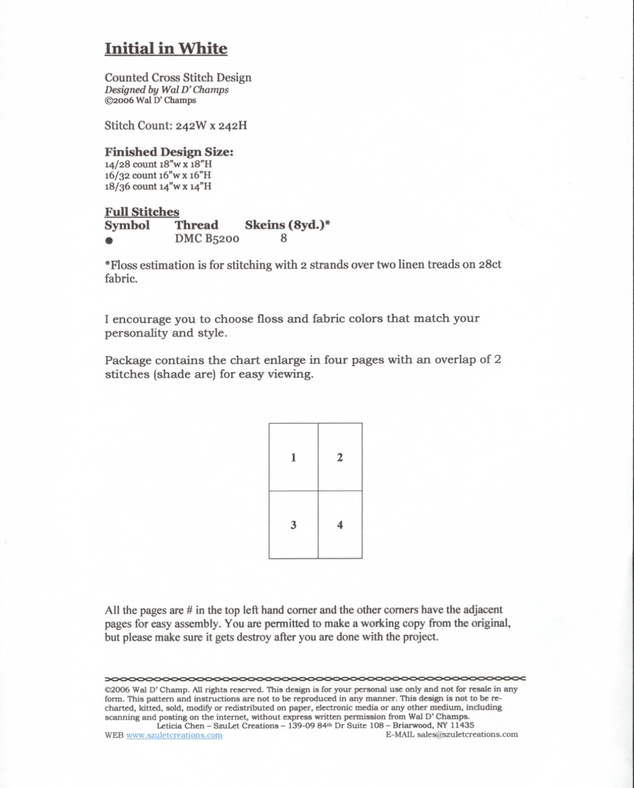 Initial in White Cross Stitch Pattern by Wal  D' Champs Designs