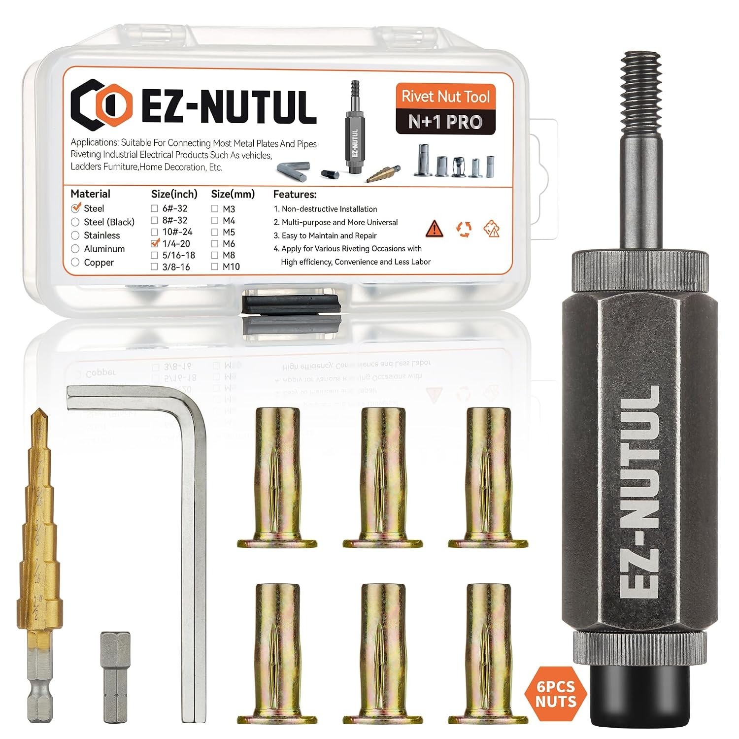 Multi-Grip Rivet Nut Installation Tool Set M4, M5, M6, M8, M10, 1/4-20, black
