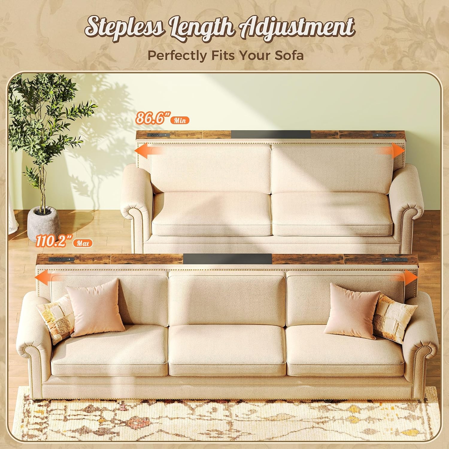 Huuger Narrow Sofa Table Behind Couch Table 157.5 Inch Adjustable with Charging