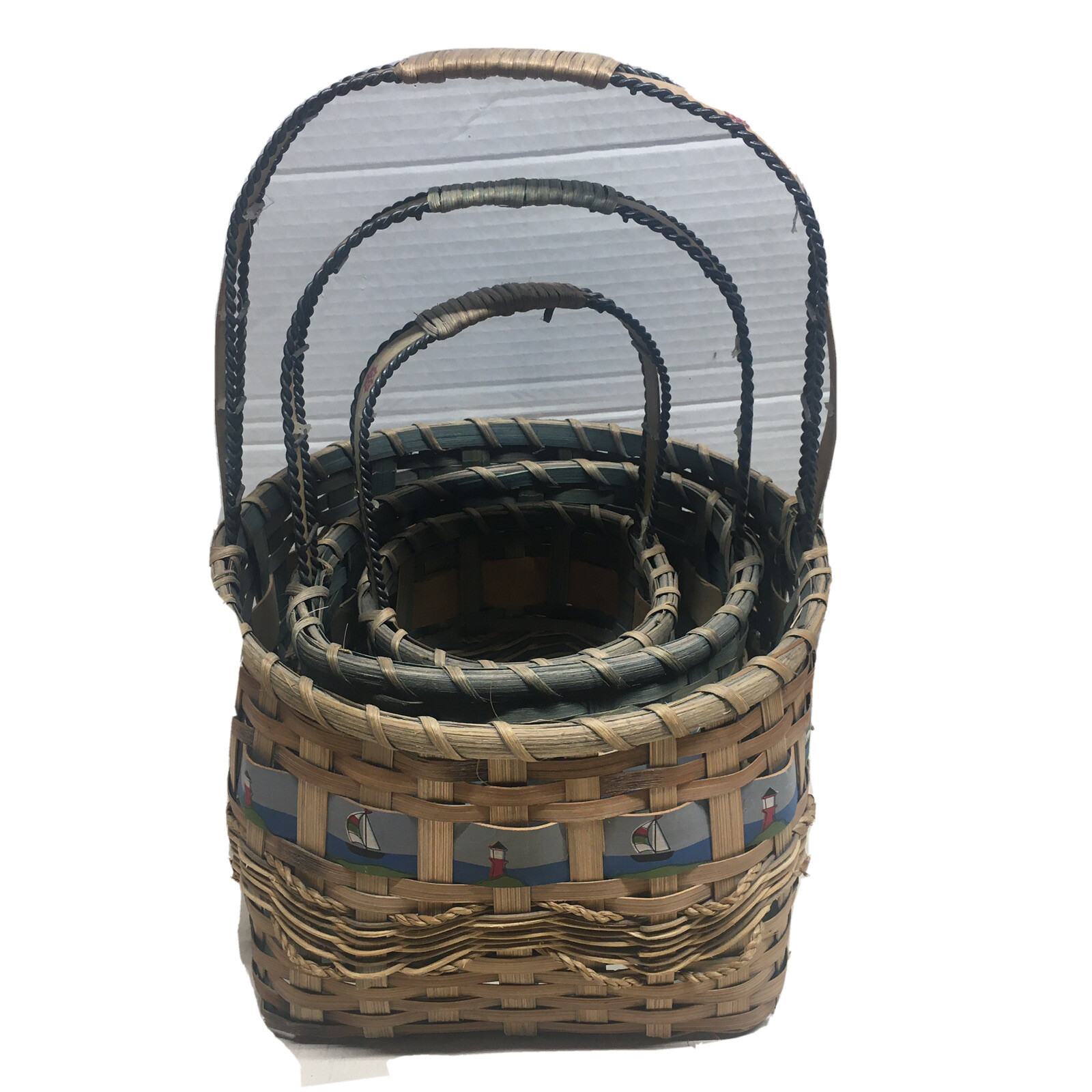 3 Nesting Baskets Nautical Reeds&Metal Decorative Collectibles Organize Storage