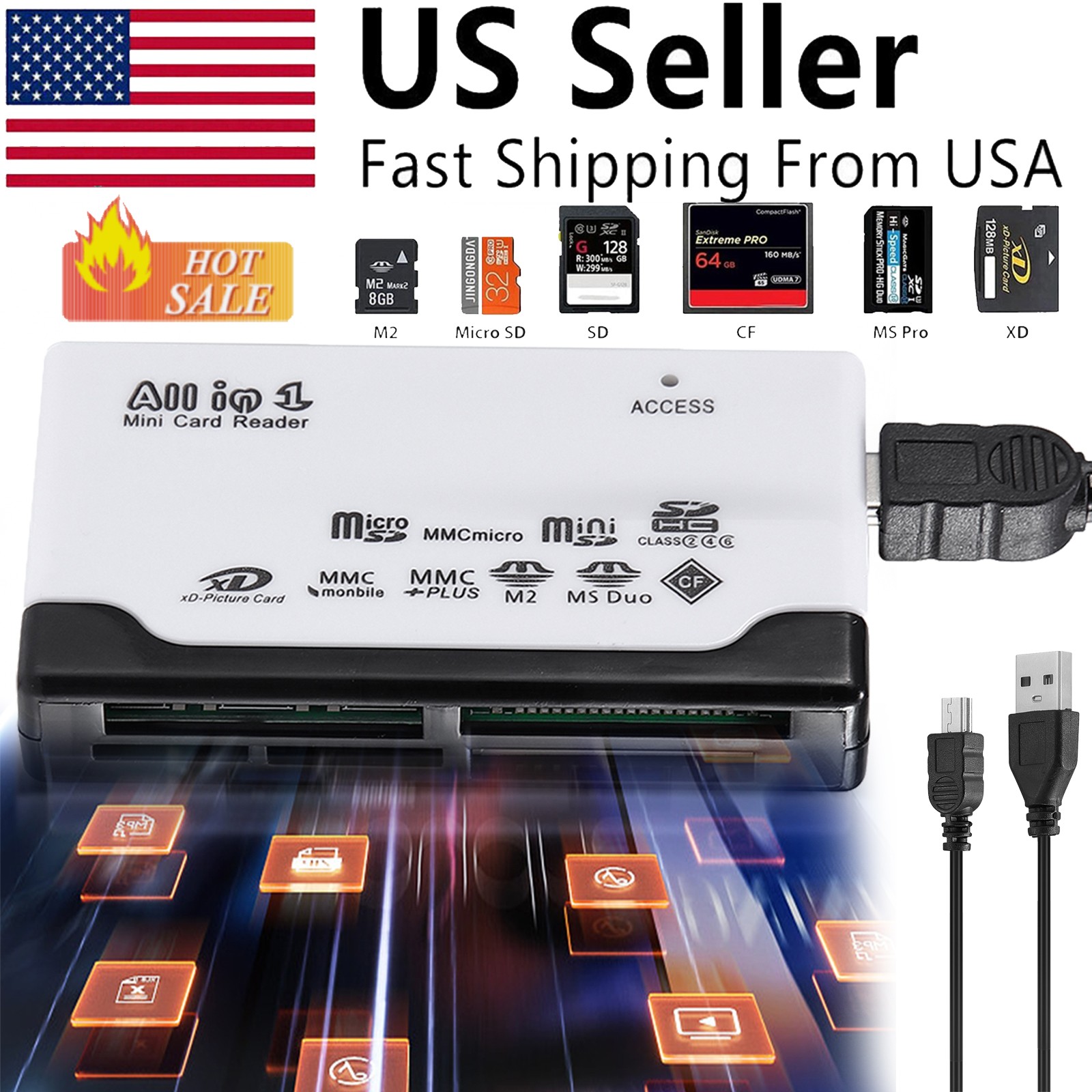 Memory Card Reader White Mini 6-IN-1 USB 2.0 High Speed For CF xD SD MS SDHC
