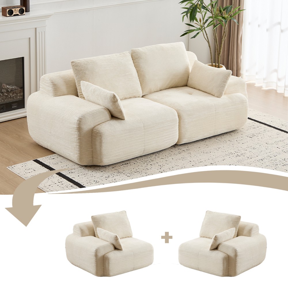 Modern Memory Foam Sofa, 2-Seater Corduroy Sectional w/ Deep Seat, Beige