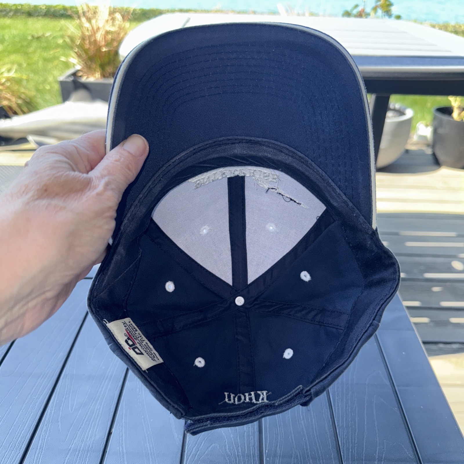 Enterprise Jet Center w Jet in Silver on Blue Hat Cap KHOU on Back Hook Loop