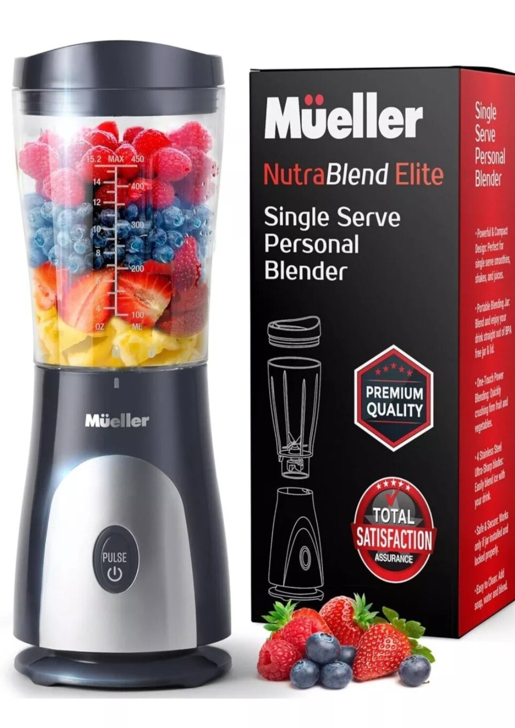 Mueller Nutra Blend Elite Personal Blender With 15oz Travel Cup PB2200 Black New