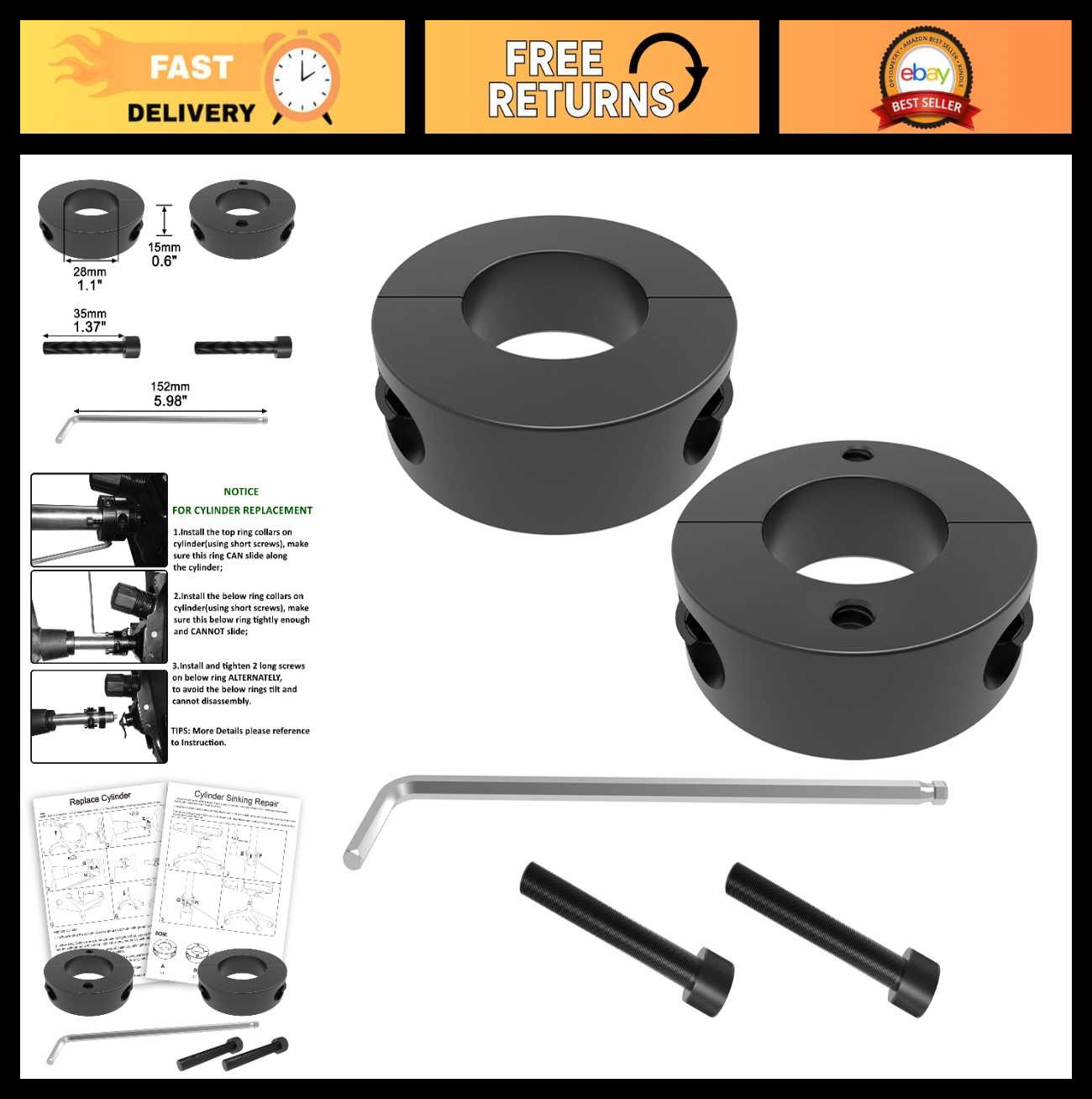 Gas Lift Cylinder Removal Tool Set - 28mm/1.1-Inch, Fix Sinking Office Chair, 2