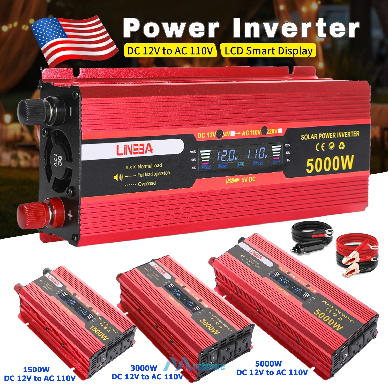 5000W 3000W DC 12V to AC 110V 120V Car Power Inverter Converter 2AC Socket & USB