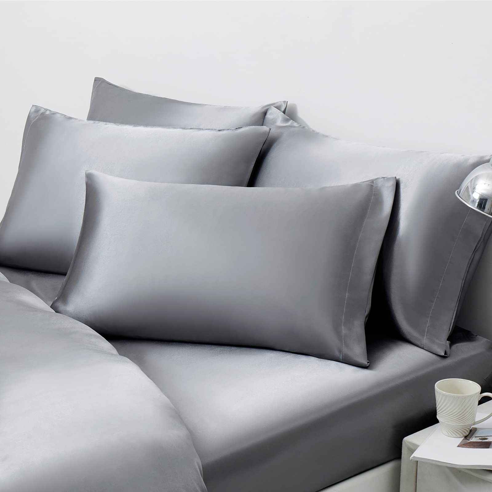 Satin Pillowcases Set of 4  Soft, Silky, WrinkleResistant Covers Grey