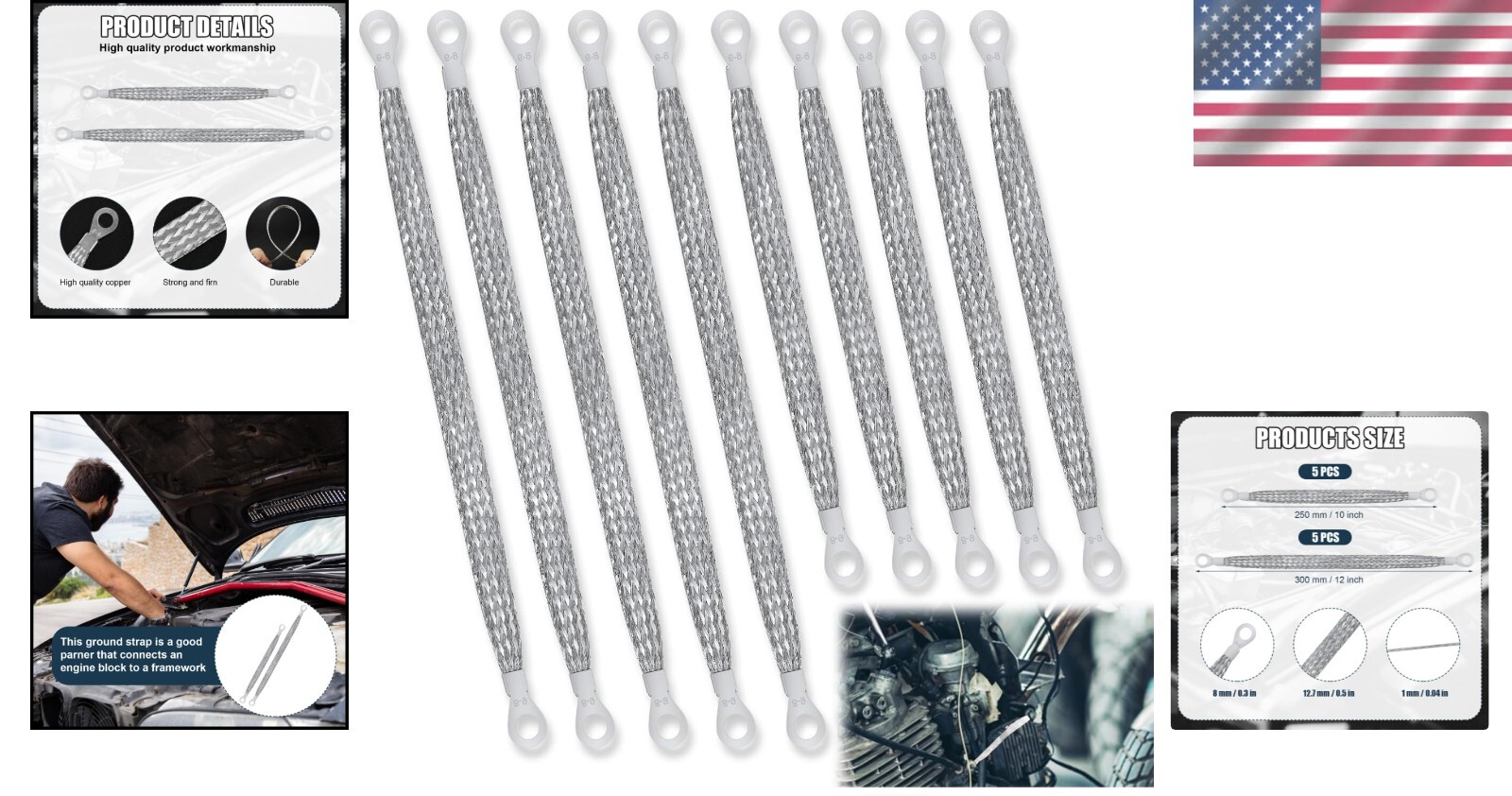 10pcs Braided Copper Ground Straps – Essential Kit for Automotive Applications