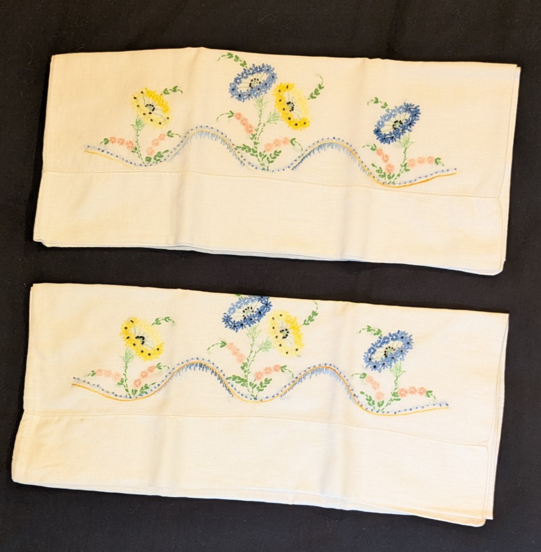 Vtg White Cotton Pillowcases Set of 2 Standard Size Hand Embroidered Flowers