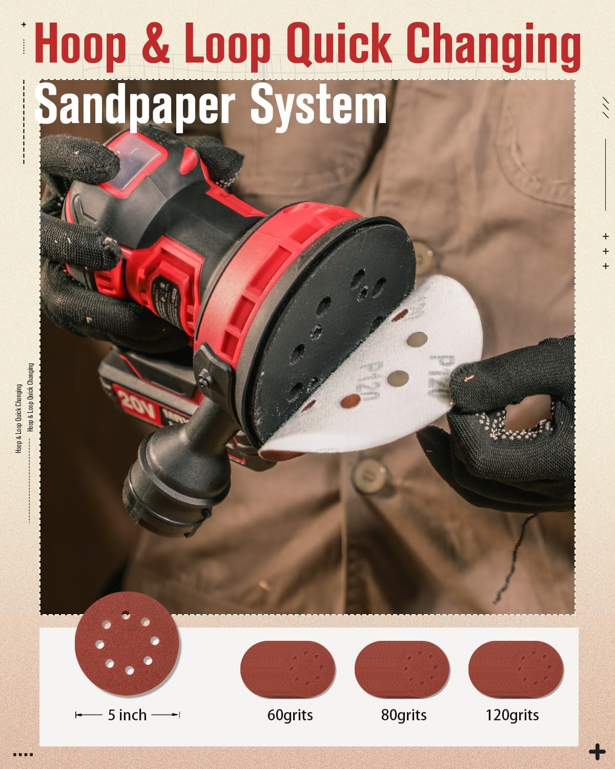 20V Cordless Orbital Sander 5 Inch Electric Sander Tool with 6 Variable Speed...