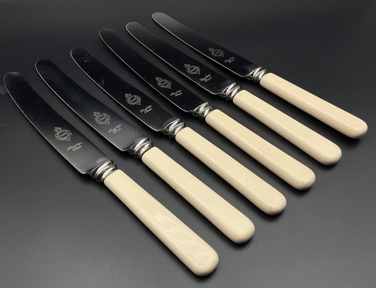 Vintage Set Of 6 Faux Bone Knives Warranted SHEFFIELD Cutlery