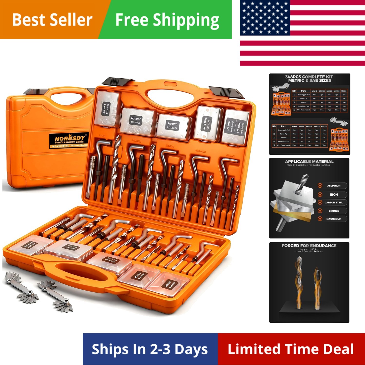 348-Piece Thread Repair Kit, Metric & SAE Helicoil Set with HSS Drill Bits, T...