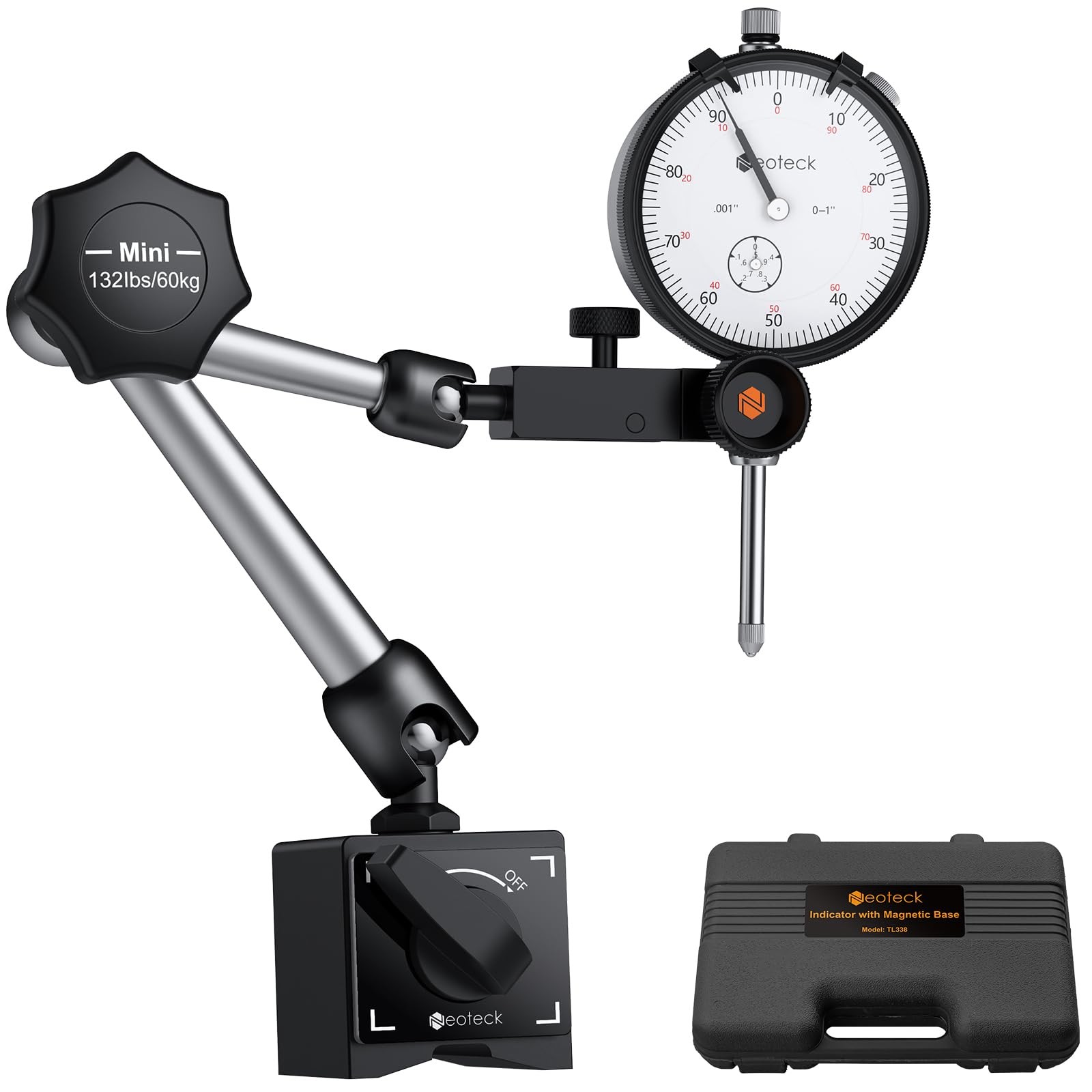 Neoteck Dial Indicator 0-1in/0.001in Mini-132lbs/60kg Tensile Force, Silver