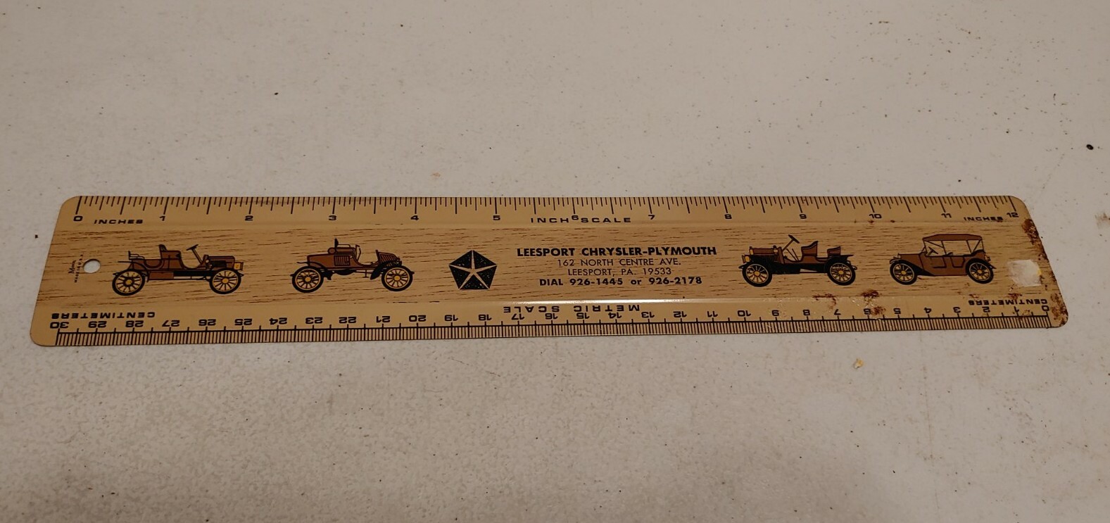 Vintage Leesport PA Chrysler Plymouth Advertising Metal Ruler