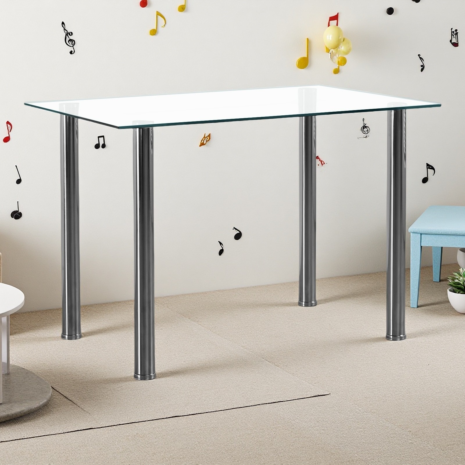 Glass Dining Table - 4 Seater Tempered Clear Glass 43.3" Rectangle Kitchen Desk