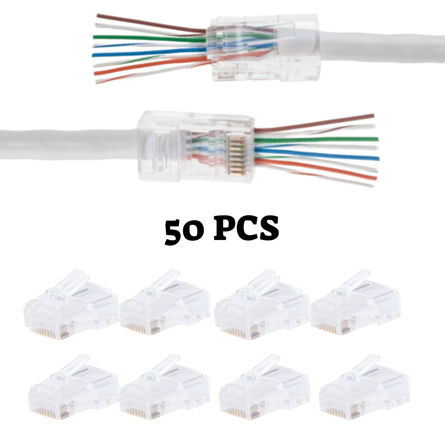 50 pcs RJ45 End Pass Through Connector for CAT5e UTP Network Cable Gold Plated