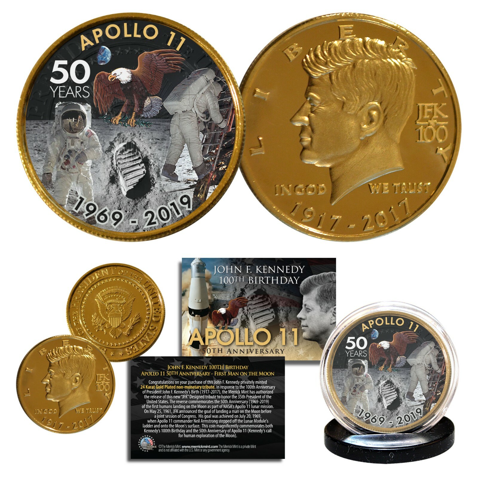 Apollo 11 1st Man on Moon 50th Anniversary JFK Centennial 24K Gold Clad Coin