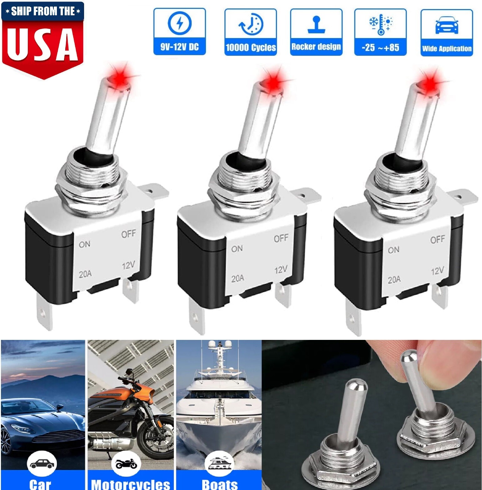 3× Car Rocker Toggle Switch Control ON/OFF 20A 12V Red LED Light Marine Boat ATV