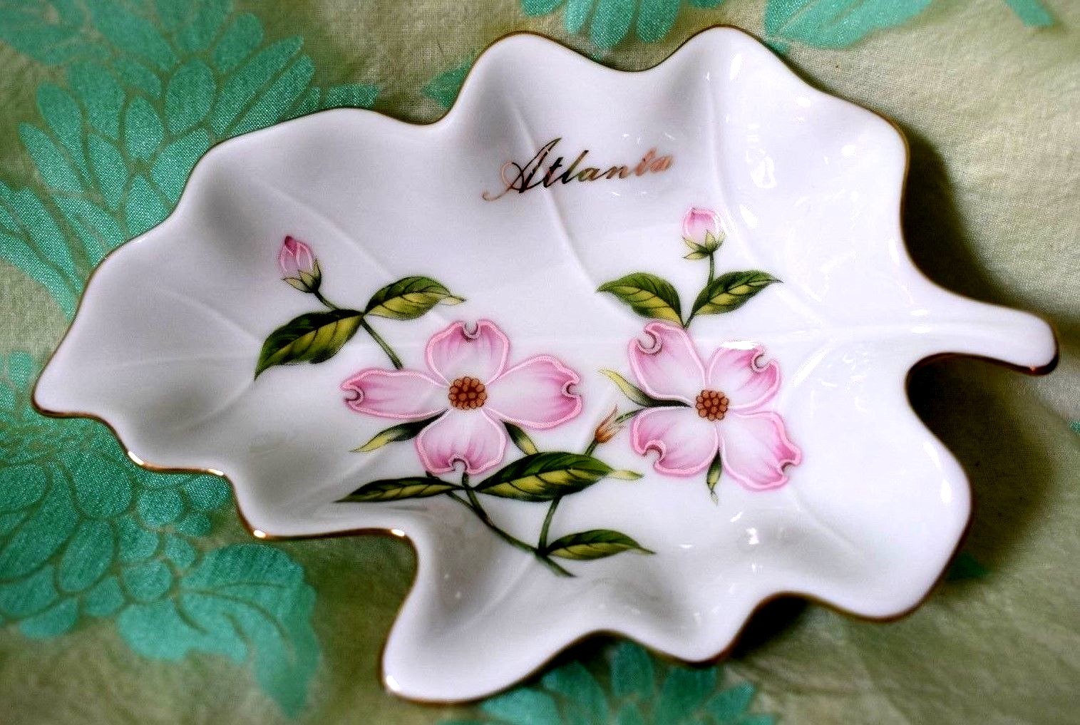 Leaf Shaped Dish Hand painted Dogwoods Atlanta souvenir 1 in tall x 6 long