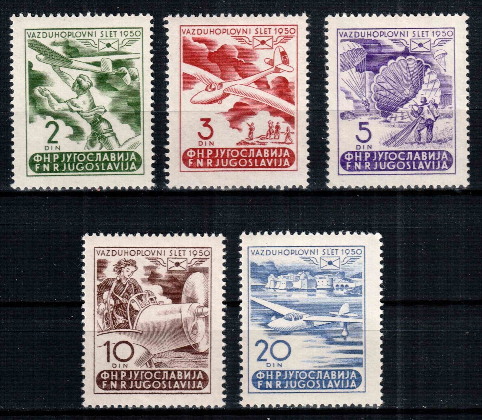 Yugoslavia 1950, Mi#611-615, Sc#295-299, aviation, plane glider parachute, MNH!