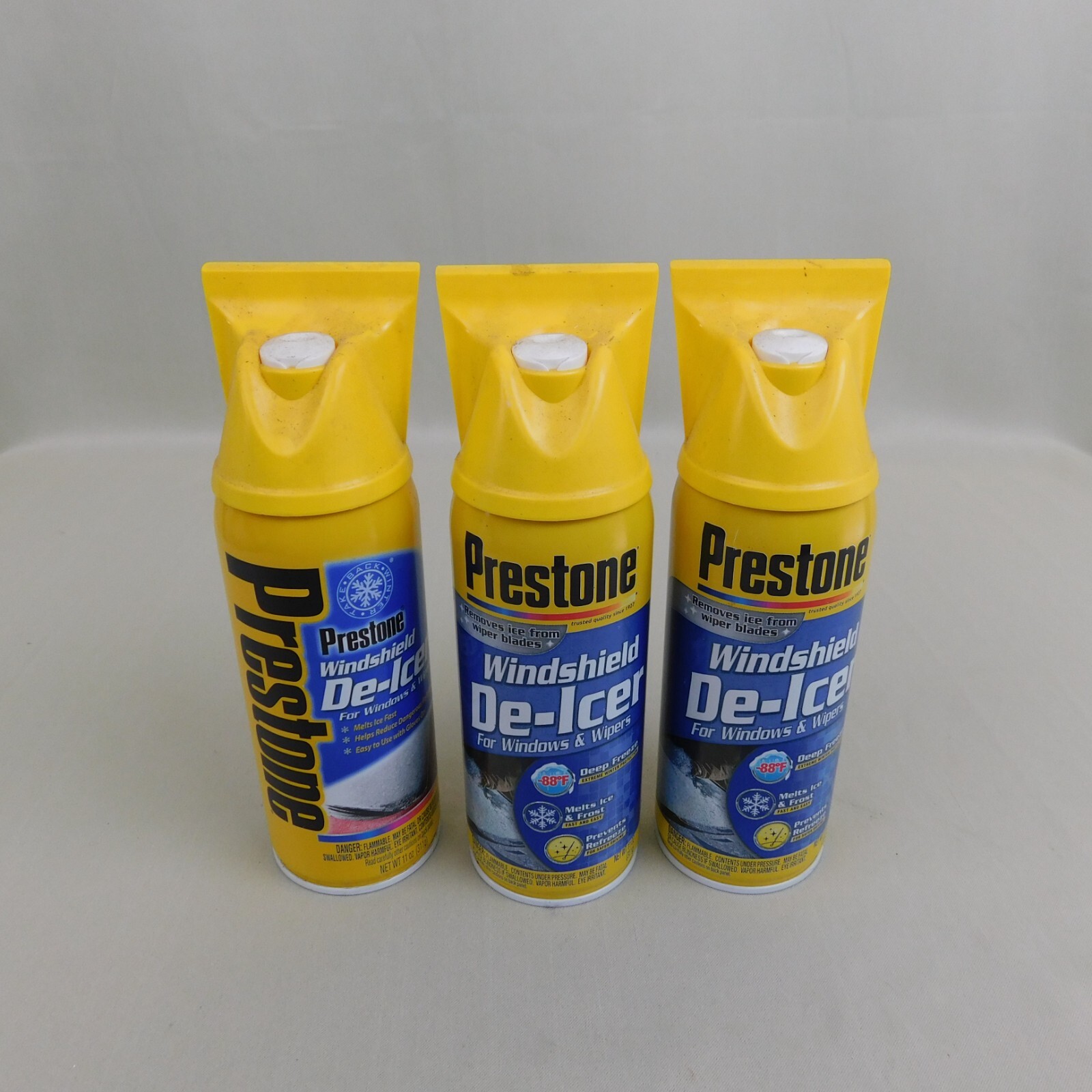 3-Pack Lot Prestone Windshield De-Icer 11oz Cans with Ice Scraper Tops #3146