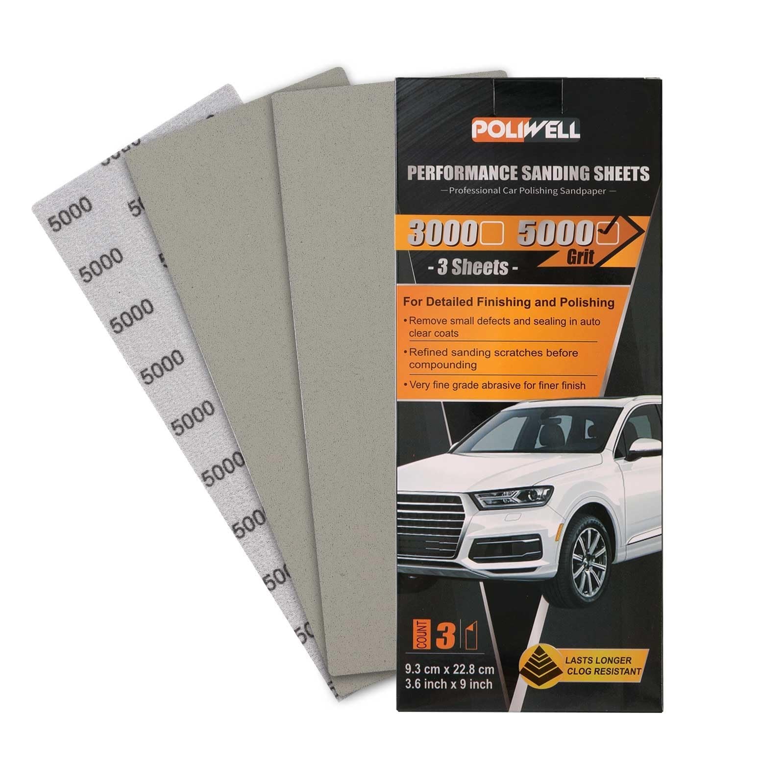 POLIWELL Auto Performance Sandpaper 3 Pack, 3.6 in x 9 in 5000 Grit Clear Coa...