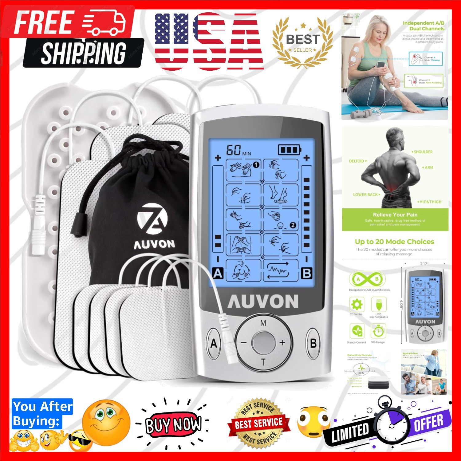 Dual Channel TENS Unit Muscle Stimulator Machine with 20 Modes, 2" and 2"x4" ...