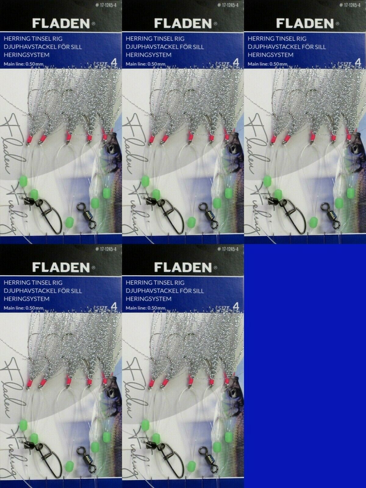 5 Fladen Silver Rigs Herring Tinsel 5 Hook Size 4 Fishing Feathers Mackerel