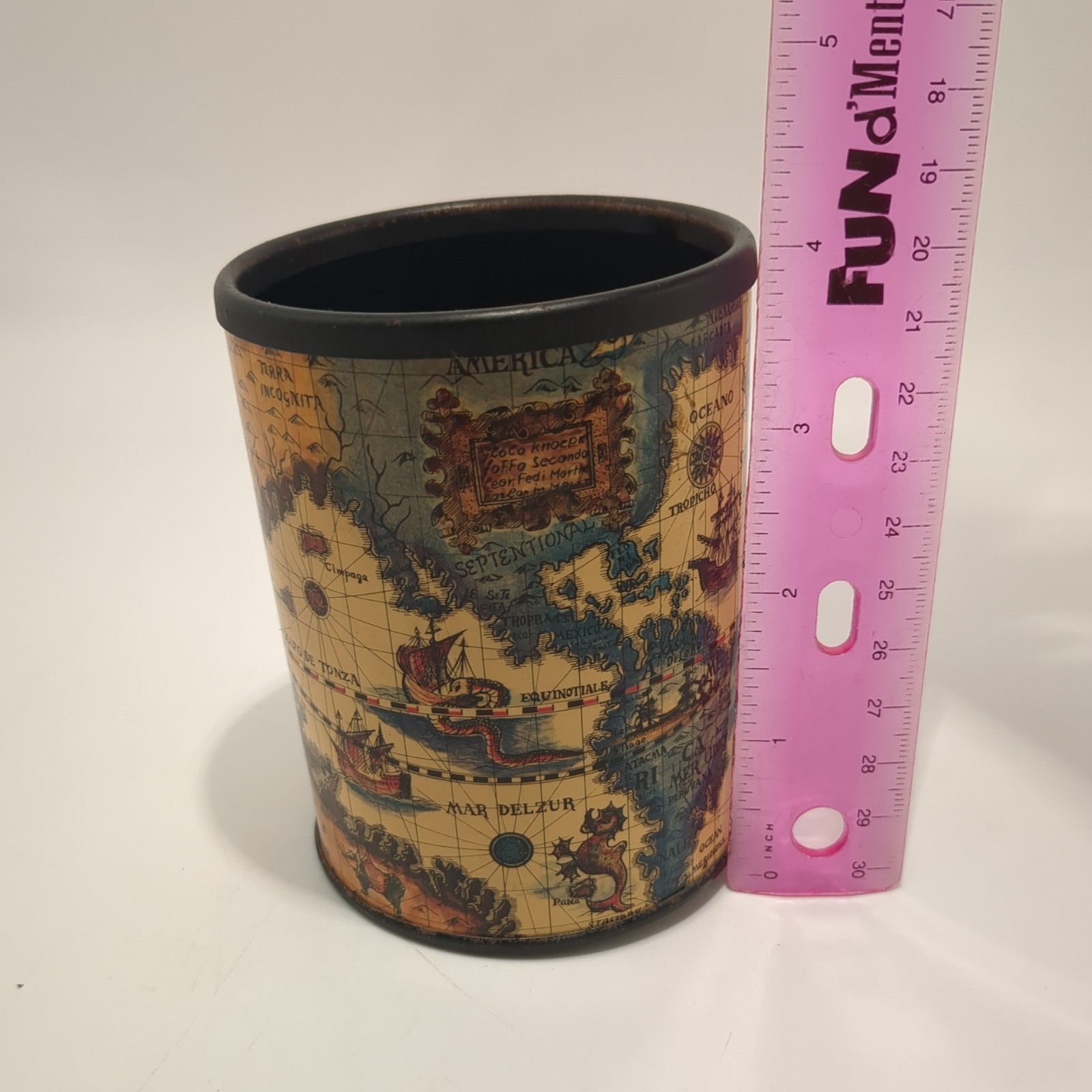Pen Trinket Holder Metal Can Antique World Map 4" Rotating Cork Bottom Desk Top