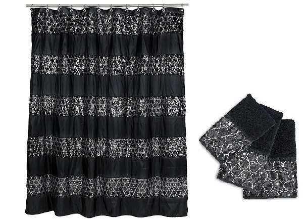 Popular Bath Sinatra Black Shower Curtain and 3 Piece Towel Set