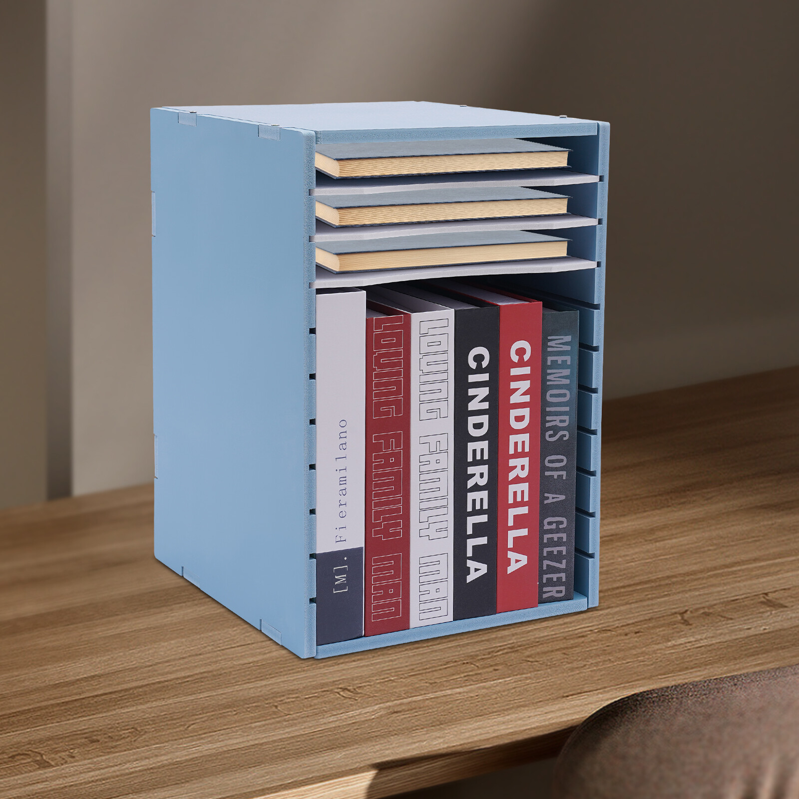 11-Compartment Vertical Desktop Sorter in Blue – Durable File Organizer