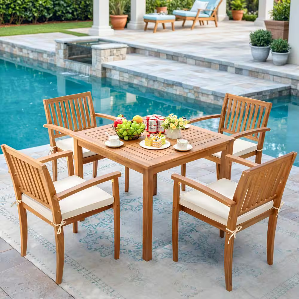 5-Piece Acacia Wood Outdoor Dining Set with Beige Cushion for Patio Garden Backy