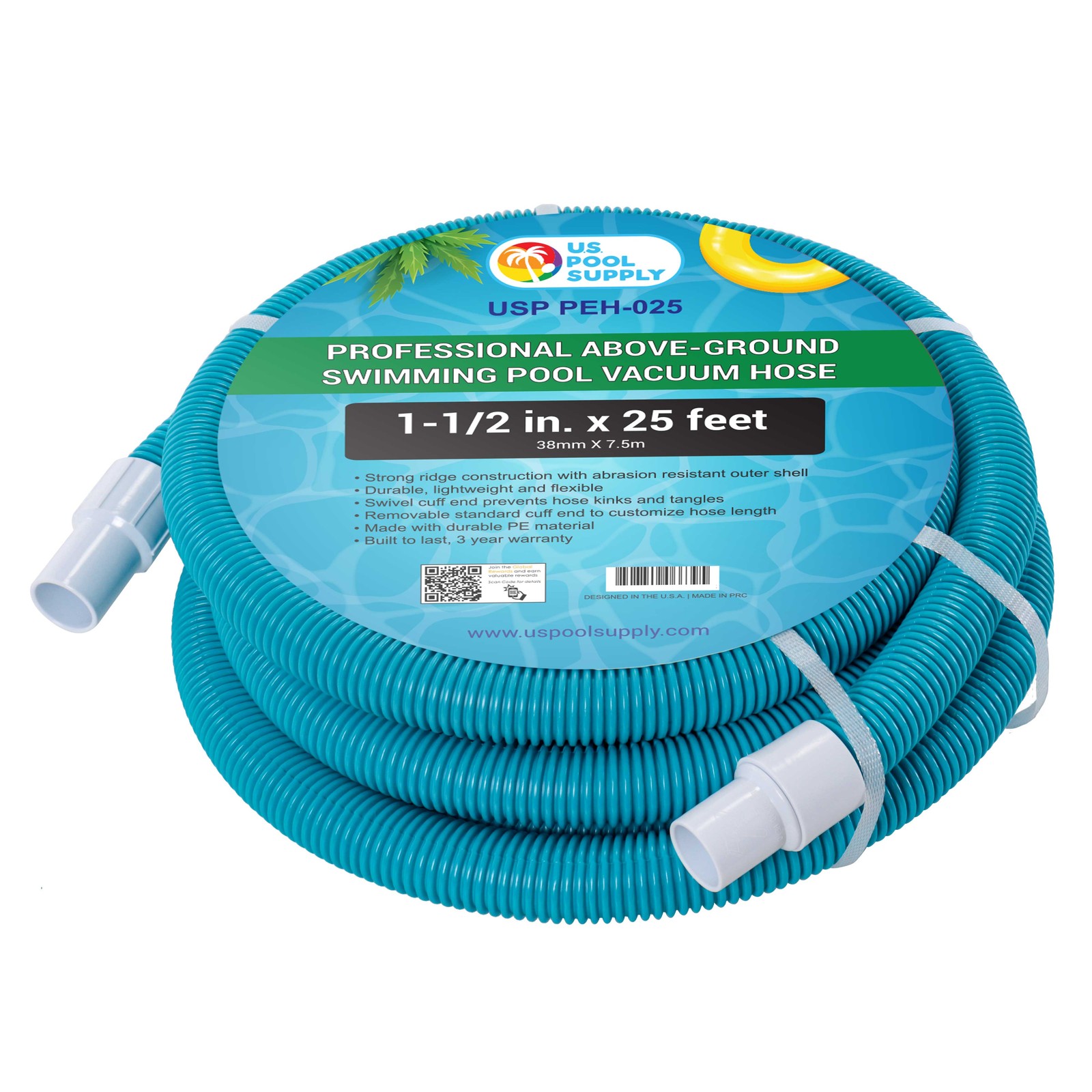 1-1/2" x 25 Ft Above Ground Swimming Pool Vacuum Hose, Swivel Cuff, Cut to Fit
