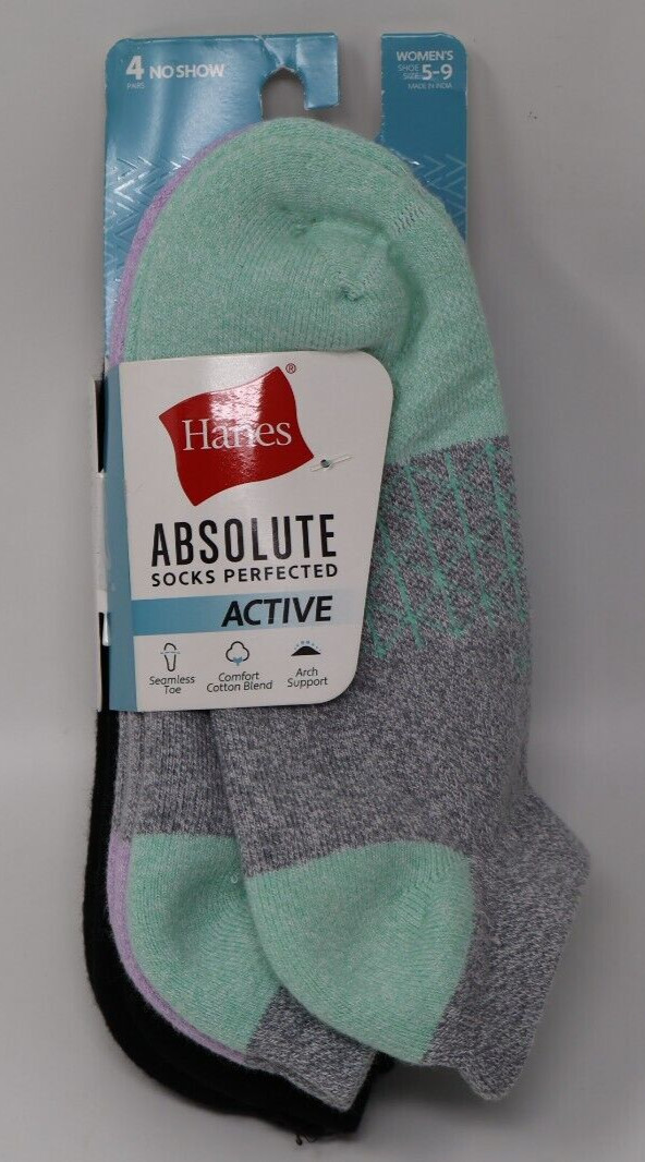 Hanes Women's 4pk Absolute Active No Show Socks - Gray/Black 5-9 New