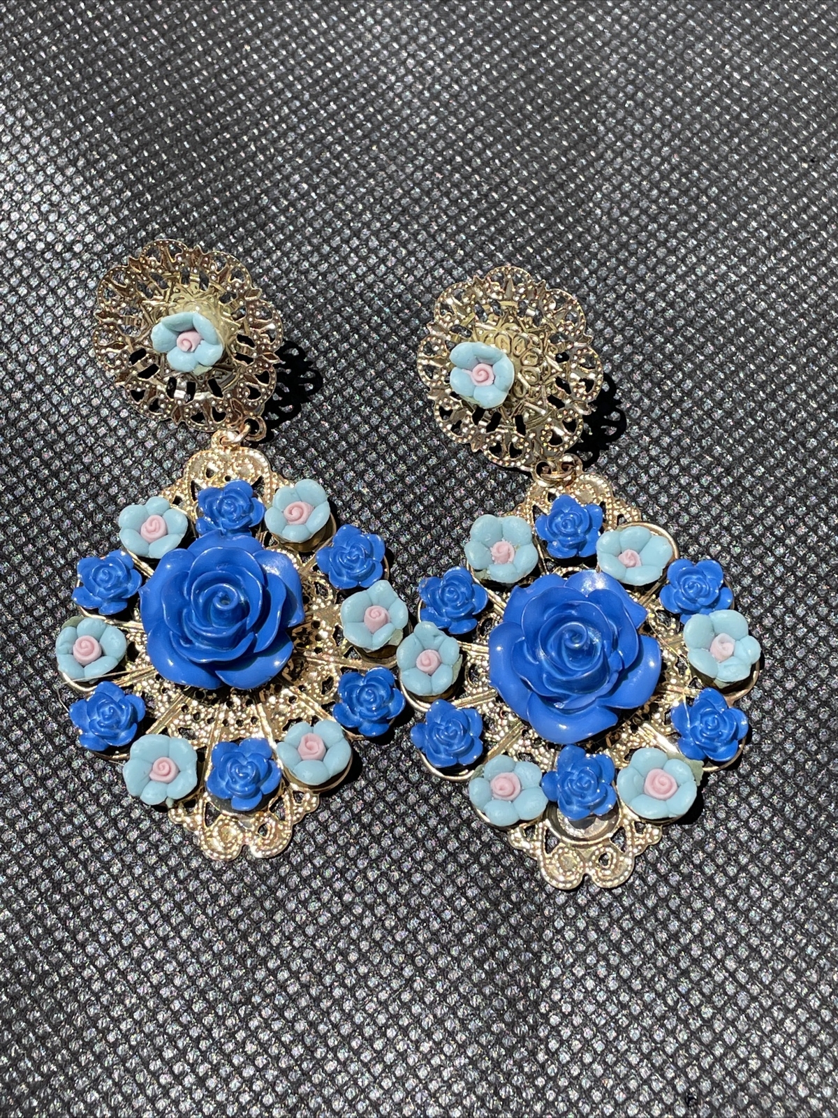 Vintage Colorful Spanish Style Blue Rose Gold-Tone Earrings Dangle Studded
