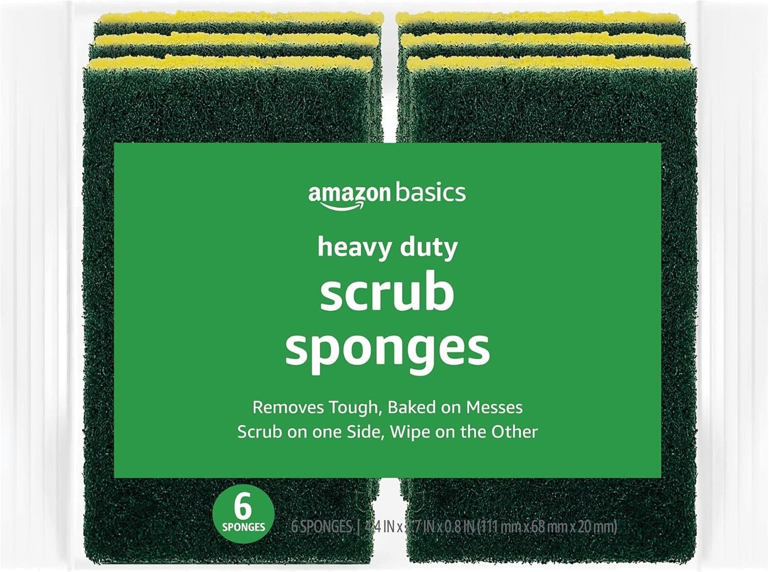 Heavy Duty Scrub Sponges, Dual-Sided Design, Yellow/Green, 6-Pack