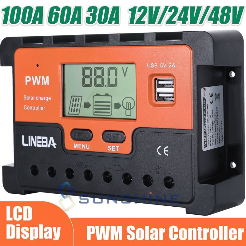 100A/60A/30A PWM Solar Charge Controller 12V/24V/48V for solar panel Inverters