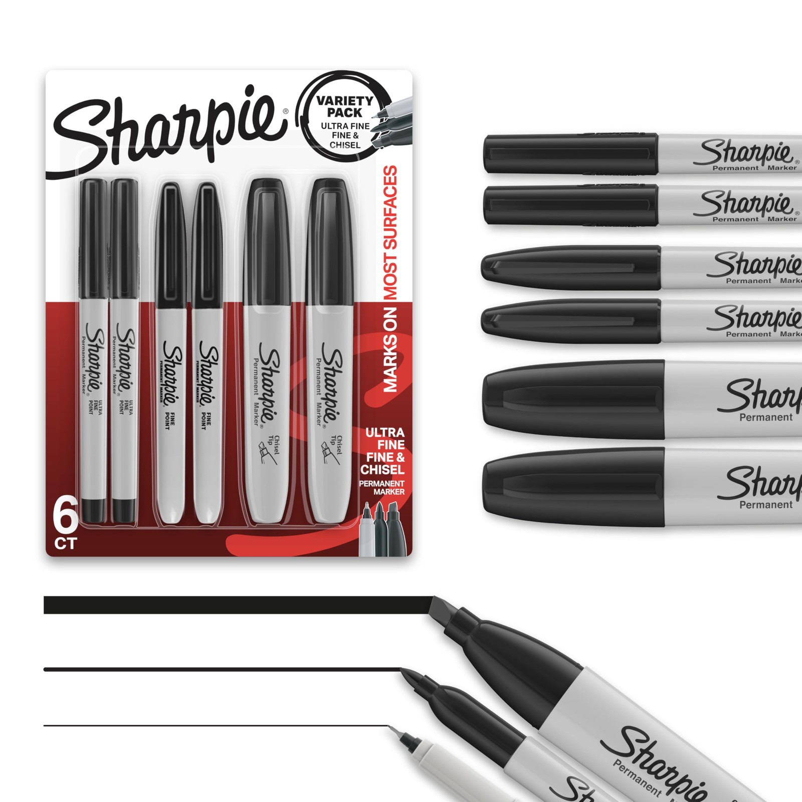 6 Pack Black Permanent Markers Assorted Tip Set