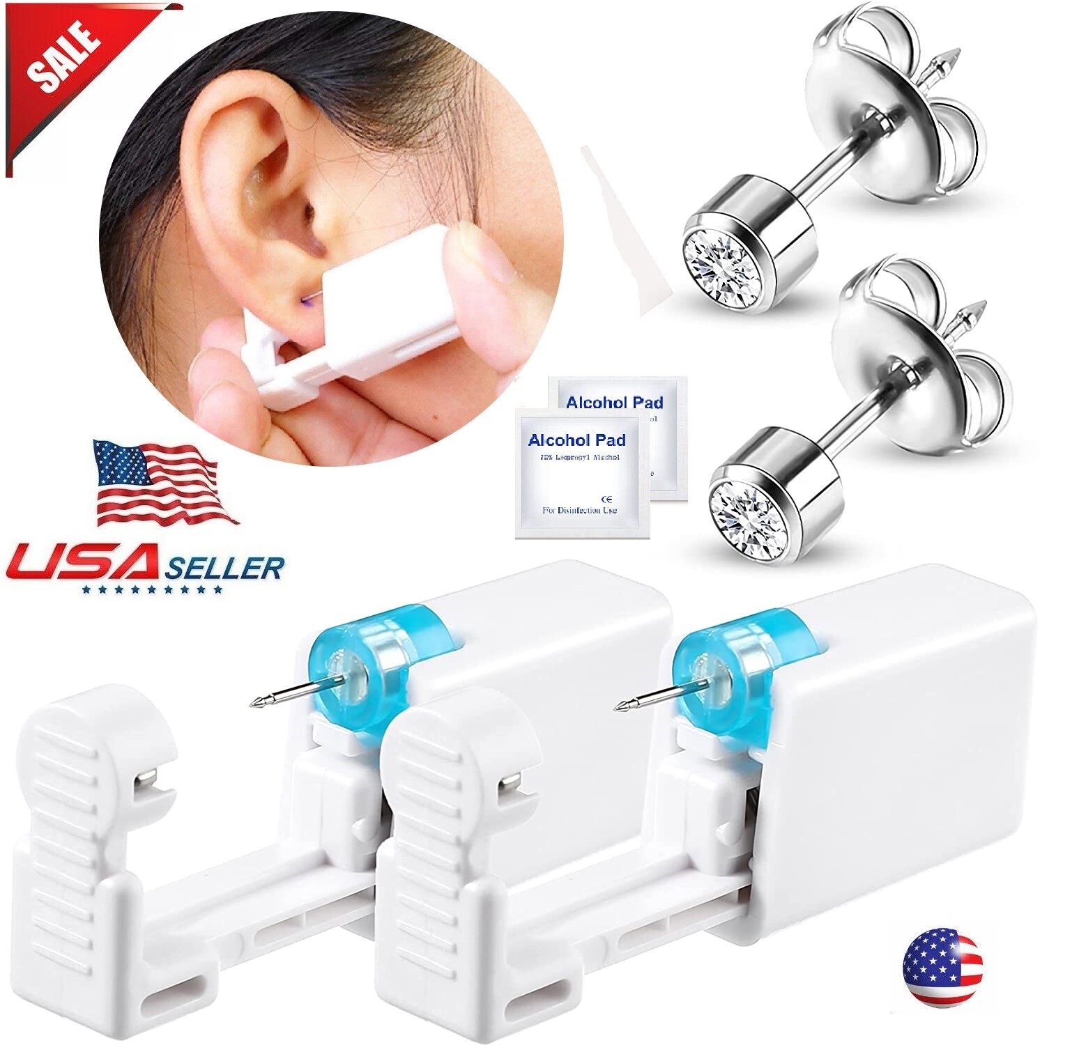 2 Pack Ear Piercing Disposable Kit Silver Stud Earring Gun DIY Home Self Ear US