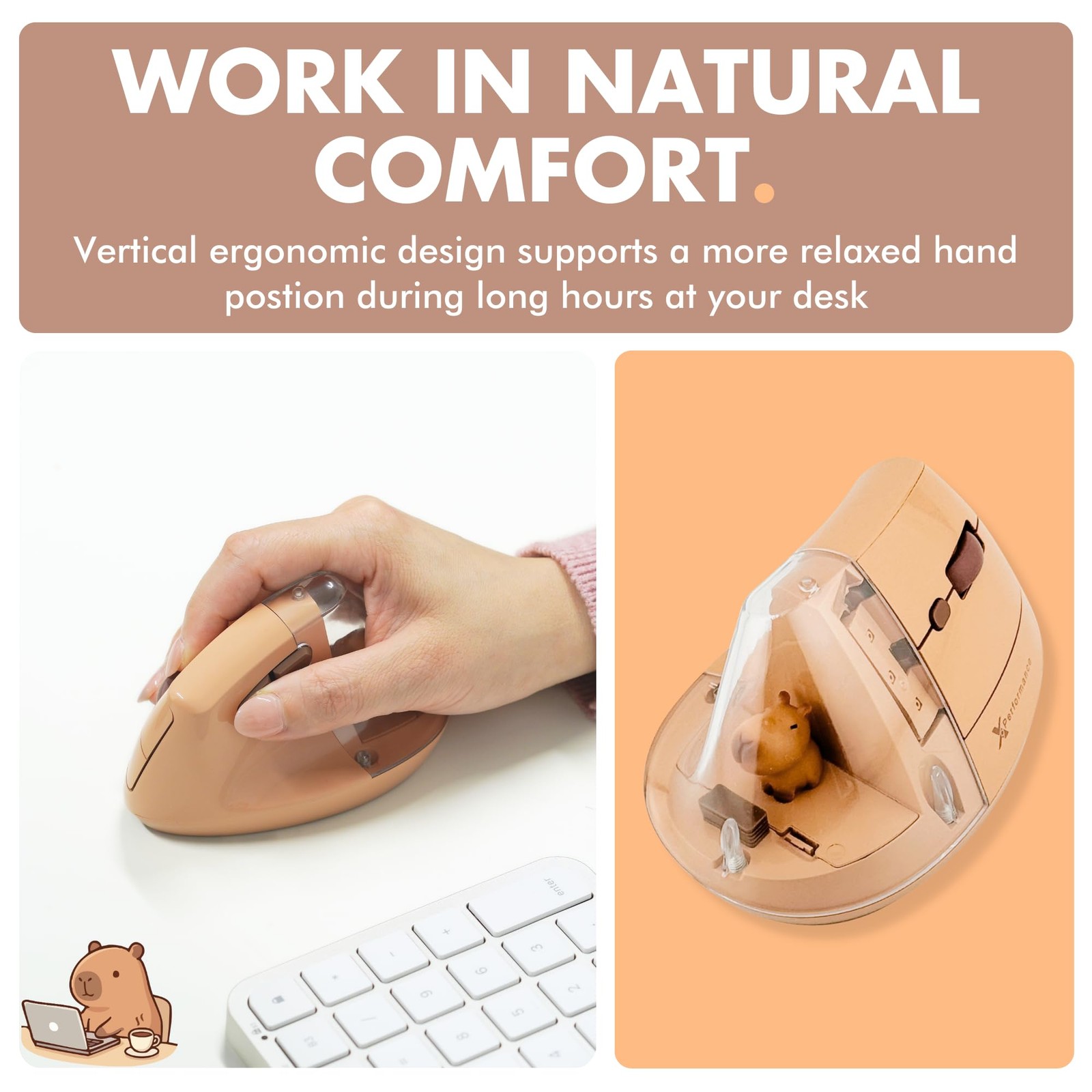 Wireless Vertical Ergonomic Mouse - Click with Capybara - (BT + 2.4G) Up to 4...