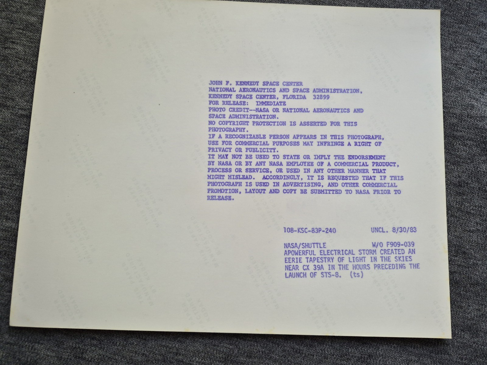 Original NASA Electrical Storm Lightning Pad 39A STS-8 Space Shuttle MIMEOGRAPH