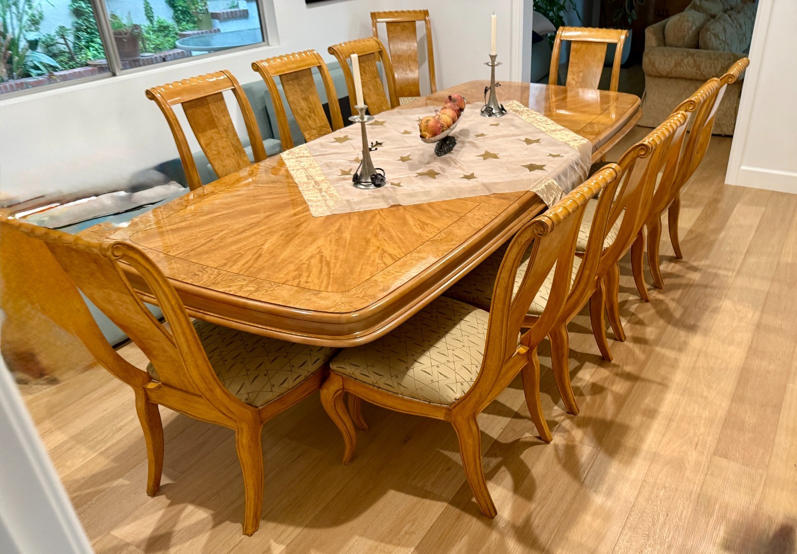 Stunning Bernhardt Burl Wood Dining Table with Two Leaves, 10 Chairs